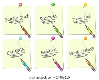 Set of six reminder notes with tacks and pencils. Write your own text on them!