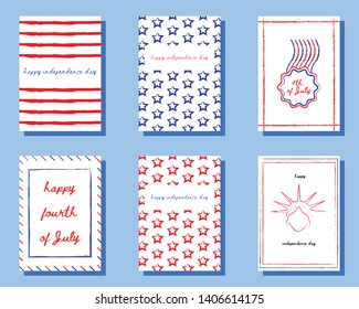 set of six retro cards for independence day in america usa. fourth of july greeting cards 