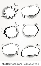 Set of SIX retro empty bubble shapes and option elements set, with black halftone abstract on white background. used in sale off promotion banner