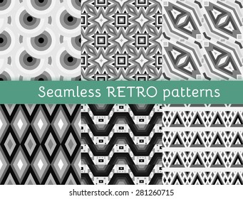 Set of six retro ethnic seamless patterns. Aztec geometric backgrounds. Stylish navajo fabric. Modern abstract wallpaper. Vector illustration.
