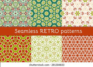 Set of six retro ethnic seamless patterns. Aztec geometric backgrounds. Stylish navajo fabric. Modern abstract wallpaper. Vector illustration.