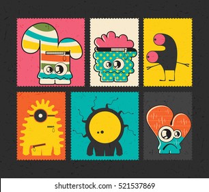 Set of six retro postage`s stamp with funny monsters on different color background, . Cartoon illustration.