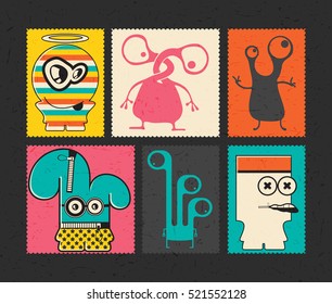 Set of six retro postage`s stamp with funny monsters on different color background, . Cartoon illustration.