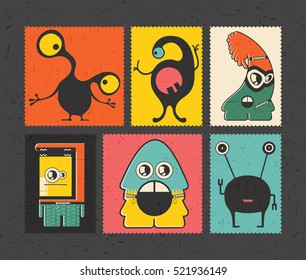 Set of six retro postage`s stamp with funny monsters on different color background, . Cartoon illustration.