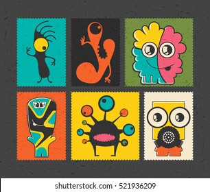 Set of six retro postage`s stamp with funny monsters on different color background, . Cartoon illustration.