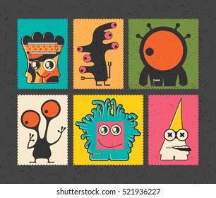 Set of six retro postage`s stamp with funny monsters on different color background, . Cartoon illustration.