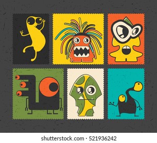 Set of six retro postage`s stamp with funny monsters on different color background, . Cartoon illustration.