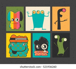 Set of six retro postage`s stamp with funny monsters on different color background, . Cartoon illustration.