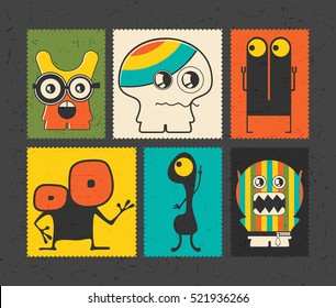 Set of six retro postage`s stamp with funny monsters on different color background, . Cartoon illustration.