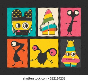 Set of six retro postage`s stamp with funny monsters on different color background, . Cartoon illustration.