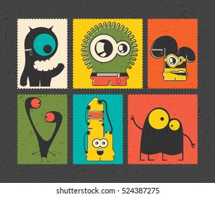 Set of six retro postage`s stamp with funny monsters on different color background, . Cartoon illustration. vector stickers