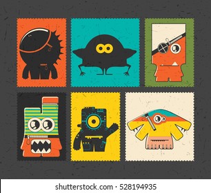 Set of six retro postage`s stamp with funny monsters on different color background. Cartoon illustration. vector stickers