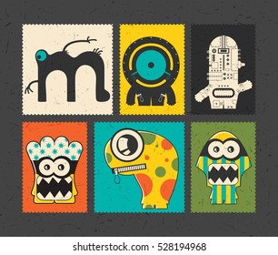 Set of six retro postage`s stamp with funny monsters on different color background. Cartoon illustration. vector stickers