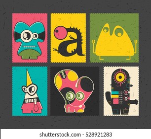 Set of six retro postage`s stamp with funny monsters on different color background. Cartoon illustration. vector stickers