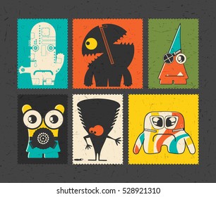 Set of six retro postage`s stamp with funny monsters on different color background. Cartoon illustration. vector stickers