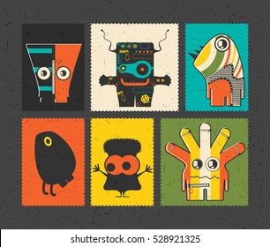 Set of six retro postage`s stamp with funny monsters on different color background. Cartoon illustration. vector stickers