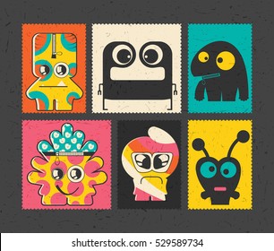 Set of six retro postage`s stamp with funny monsters on different color background. Cartoon illustration. vector stickers