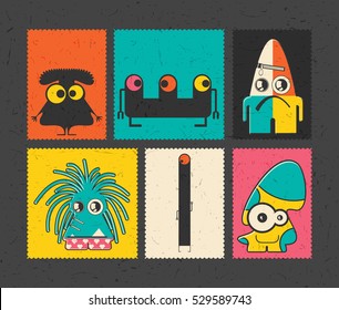 Set of six retro postage`s stamp with funny monsters on different color background. Cartoon illustration. vector stickers
