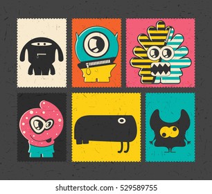 Set of six retro postage`s stamp with funny monsters on different color background. Cartoon illustration. vector stickers