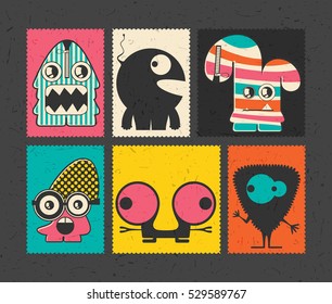 Set of six retro postage`s stamp with funny monsters on different color background. Cartoon illustration. vector stickers