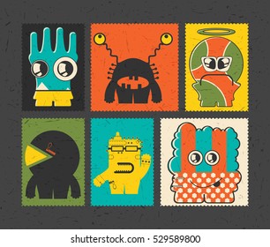 Set of six retro postage`s stamp with funny monsters on different color background. Cartoon illustration. vector stickers