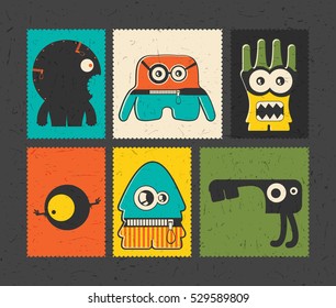 Set of six retro postage`s stamp with funny monsters on different color background. Cartoon illustration. vector stickers