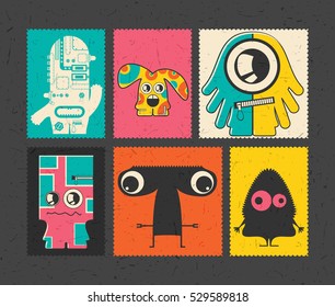 Set of six retro postage`s stamp with funny monsters on different color background. Cartoon illustration. vector stickers