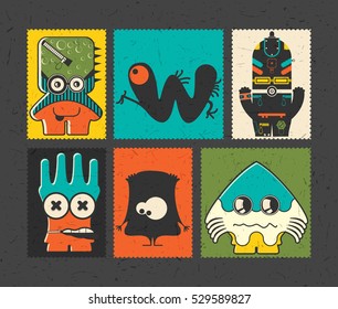 Set of six retro postage`s stamp with funny monsters on different color background. Cartoon illustration. vector stickers