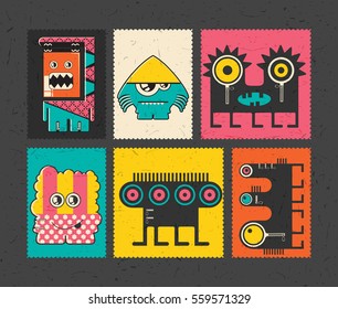 Set of six retro postage`s stamp with funny monsters on different color background. Cartoon illustration. vector stickers