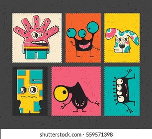 Set of six retro postage`s stamp with funny monsters on different color background. Cartoon illustration. vector stickers