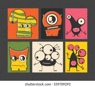 Set of six retro postage`s stamp with funny monsters on different color background. Cartoon illustration. vector stickers