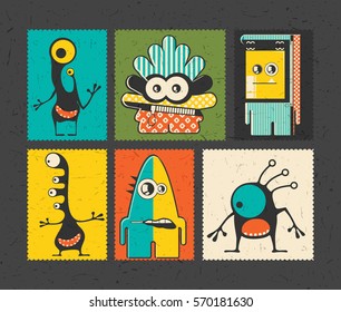 Set of six retro postage`s stamp with funny monsters on different color background, . Cartoon illustration.