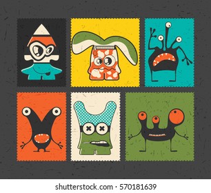 Set of six retro postage`s stamp with funny monsters on different color background, . Cartoon illustration.