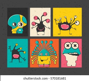 Set of six retro postage`s stamp with funny monsters on different color background, . Cartoon illustration.