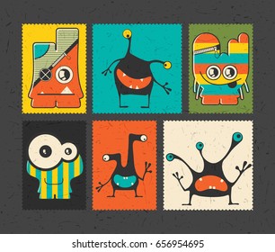 Set of six retro postage`s stamp with funny monsters on different color background. Cartoon illustration. vector stickers