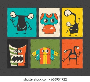 Set of six retro postage`s stamp with funny monsters on different color background. Cartoon illustration. vector stickers