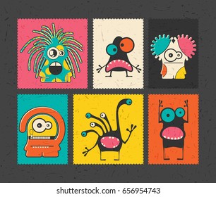 Set of six retro postage`s stamp with funny monsters on different color background. Cartoon illustration. vector stickers