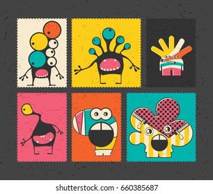 Set of six retro postage`s stamp with funny monsters on different color background. Cartoon illustration. vector stickers