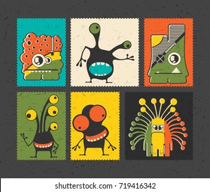 Set of six retro postage`s stamp with funny monsters on different color background, . Cartoon illustration.