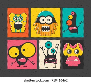 Set of six retro postage`s stamp with funny monsters on different color background, . Cartoon illustration.
