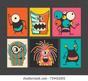 Set of six retro postage`s stamp with funny monsters on different color background, . Cartoon illustration.