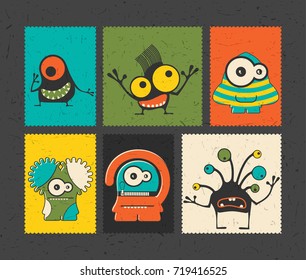 Set of six retro postage`s stamp with funny monsters on different color background, . Cartoon illustration.