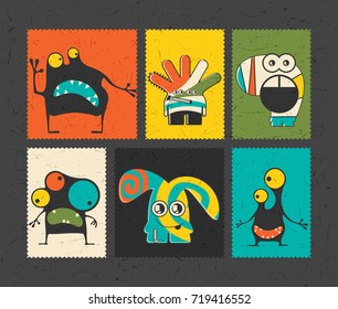 Set of six retro postage`s stamp with funny monsters on different color background, . Cartoon illustration.