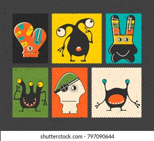 Set of six retro postage`s stamp with funny monsters on different color background. Cartoon illustration. vector stickers