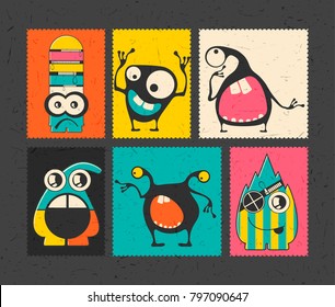 Set of six retro postage`s stamp with funny monsters on different color background. Cartoon illustration. vector stickers