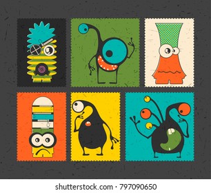 Set of six retro postage`s stamp with funny monsters on different color background. Cartoon illustration. vector stickers