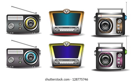 Set with six retro radios isolated on a white background