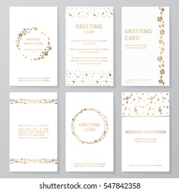 Set of six retro templates with gold floral ornament. Vector vintage wedding invitations and greeting cards with flowers (wreath, border, pattern)