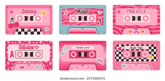 Set of six retro-style cassette tape designs in shades of pink with themes like cherries, checkerboard, zebra print, and hearts. Perfect for nostalgic, music-inspired, and Valentine’s Day projects.