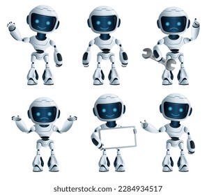 A set of six robots in different poses and with different tools